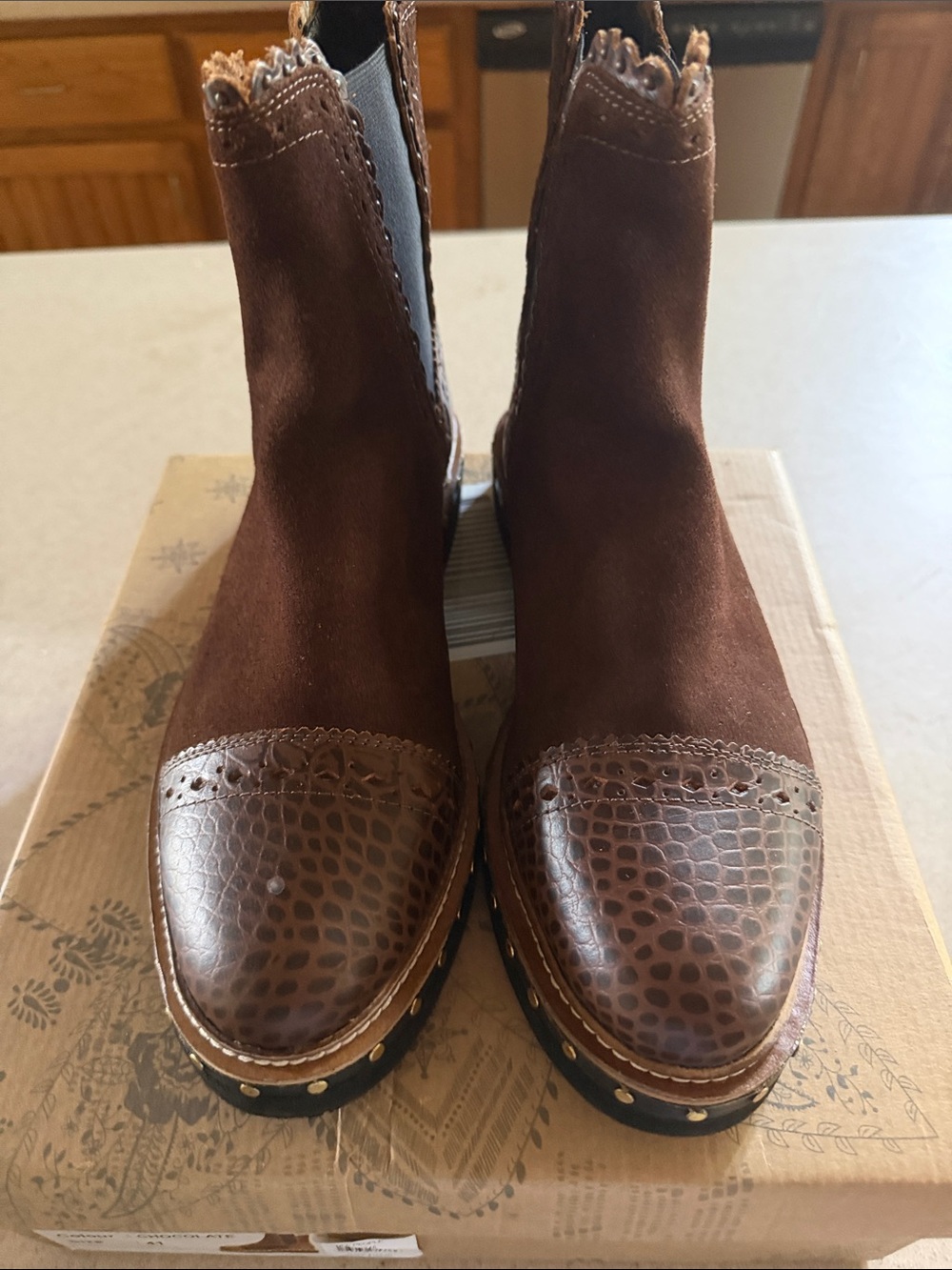 Free People Brown Suede & Croc-Embossed Leather Combat Boots